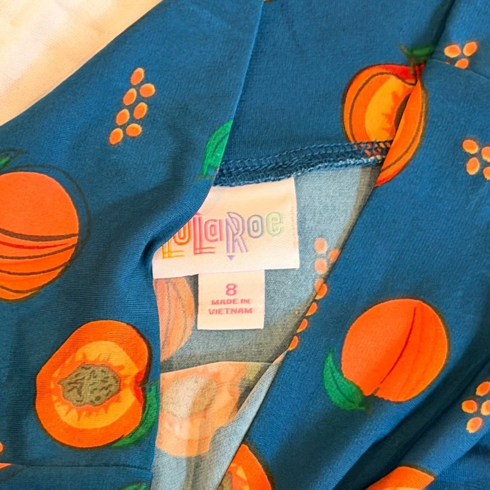 LuLaRoe‎ Kids Peach Fruit Print Teal Circle Skirt Size 8 Cottagecore Whimsical
